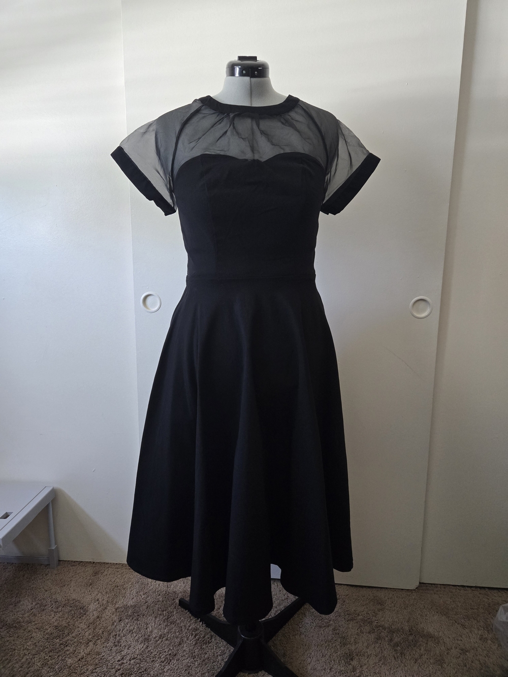 Unique Vintage Black Sheer Fit-and-Flare Midi Dress, Size M